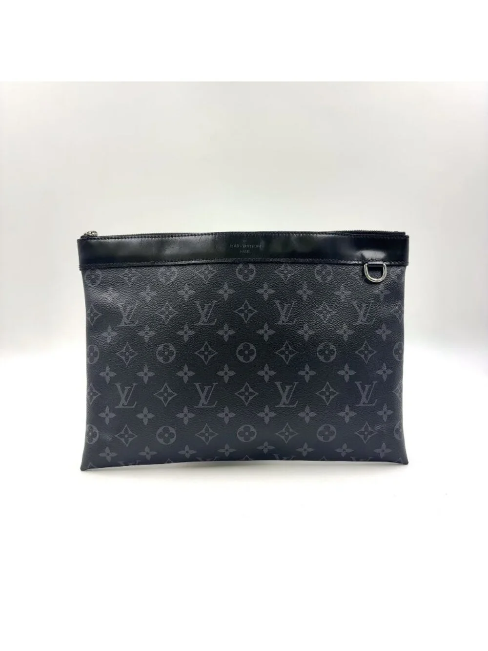 Louis Vuitton Pochette Discovery Monogram Eclipse Leather Black Clutch Silver